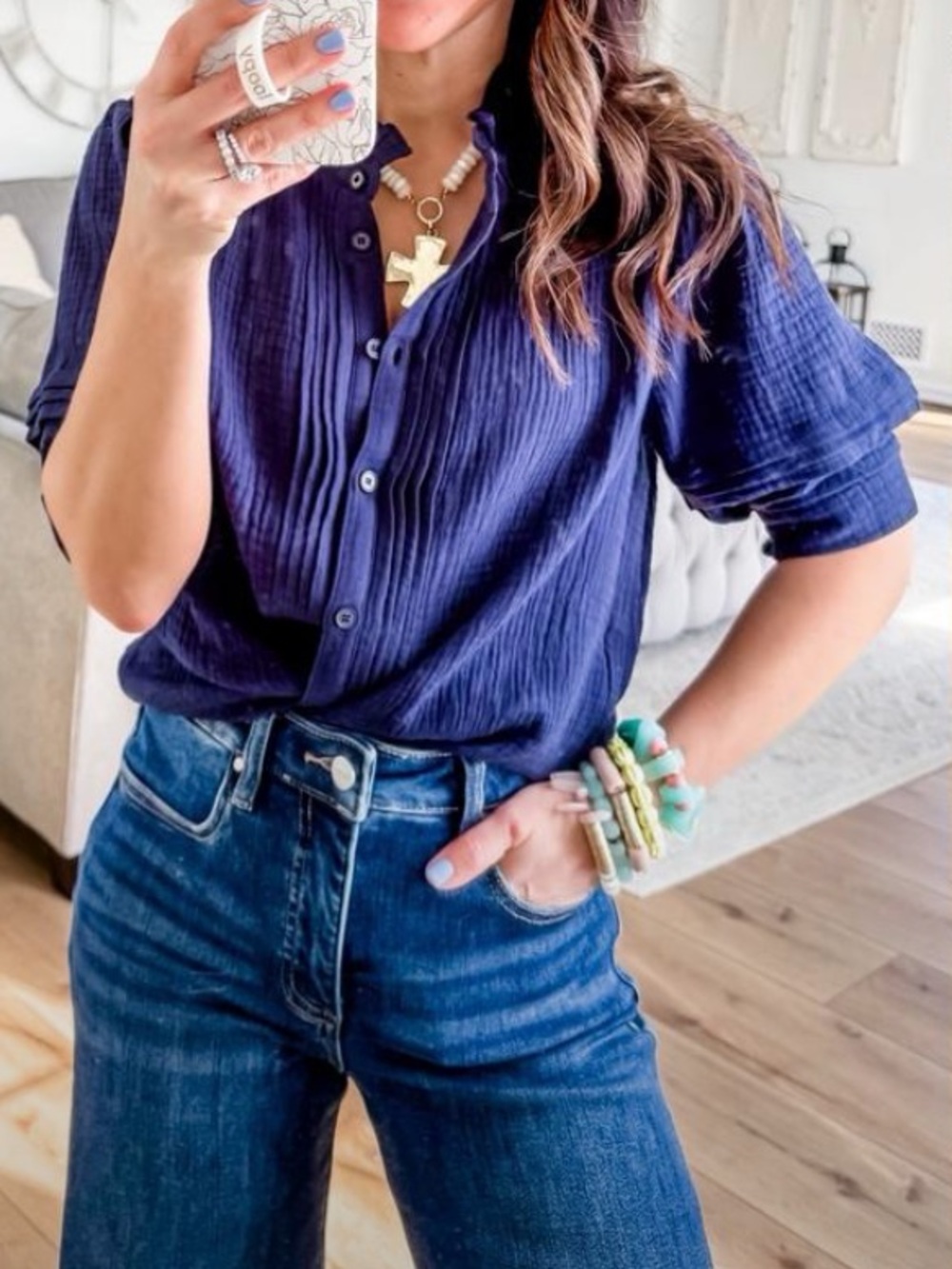 Fate Women's Navy Button-Front Textured Blouse🌻